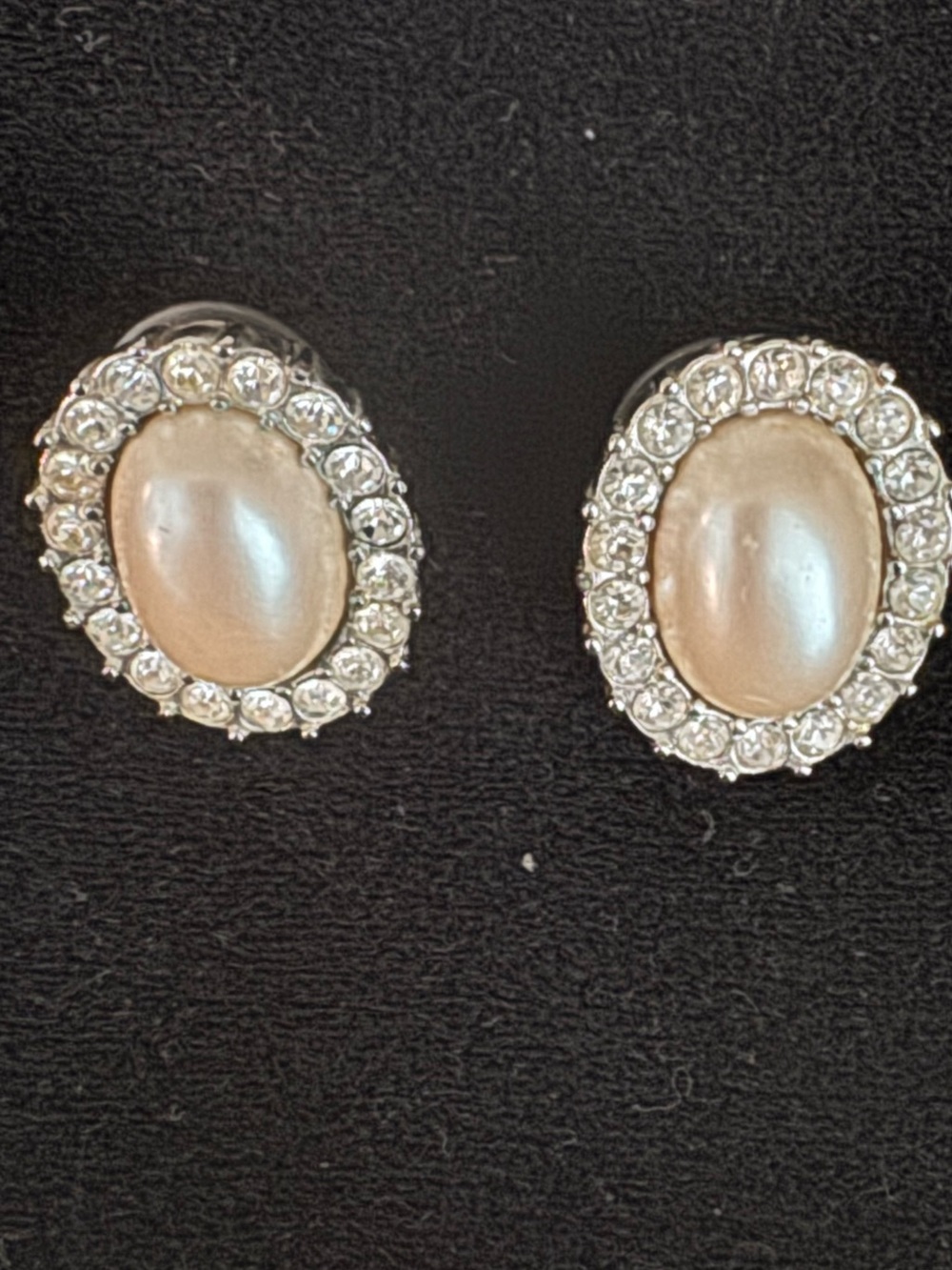 Vintage Monet Oval Faux Pearl Rhinestone Halo Post Earrings Silver Tone
